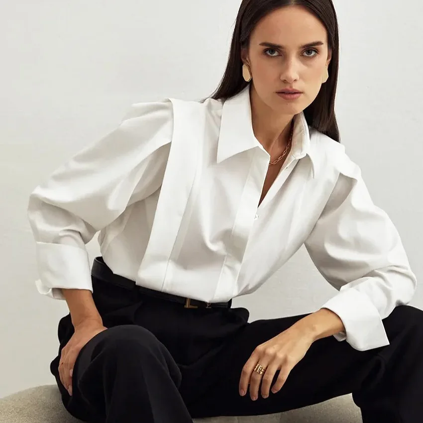 

Autumn New Right Shoulder White Shirt Women's Europe And The United States Commuter Temperament Long-sleeved Shirt Y2K clothes