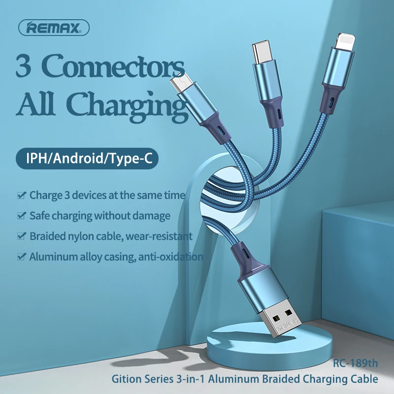 

Remax 3.1A Fast Charge 3 in1 USB Lightning Type C Cable For iPhone12 XS Max XR 8 Micro USB Charger Data Cables For Android Phone