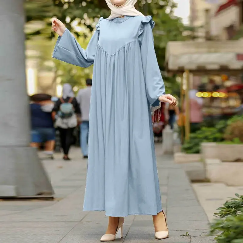 

Muslim Maxi Dresses for Women Arabian Simple Stand Collar Skirt Elegant Dubai Turkey Arabic Islamic Ruffled Edge Muslim Dress