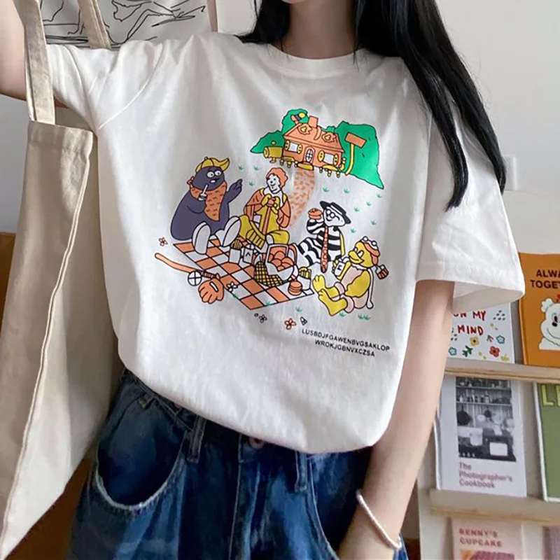 

Летние повседневные топы с коротким рукавом, женская футболка с милым мультяшным принтом в японском стиле, уличная одежда Ulzzang, хлопковая смешная футболка с графическим принтом
