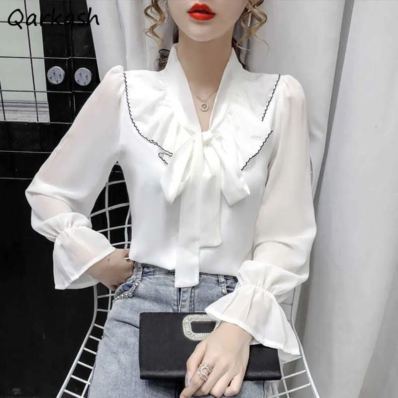 

Flare Sleeve Blouses Women Cozy Loose Elegant Temper Aesthetics French Hipster Lady Chemise Femme Sweet Lace-up Fashion Clothes