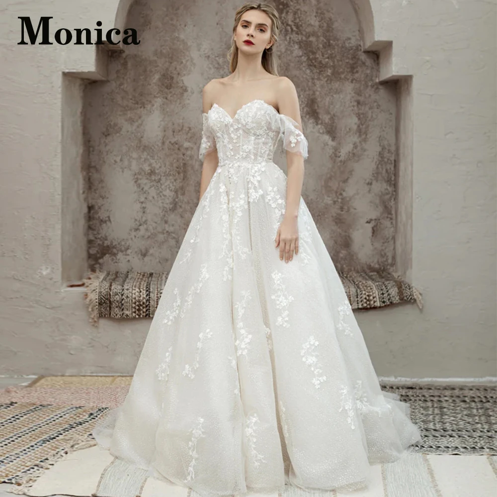

MONICA Off The Shoulder Sweetheart Tulle Backless Wedding Dresses Zipper Customised Floral Print Sleeveless Pleat Robe De Mariée