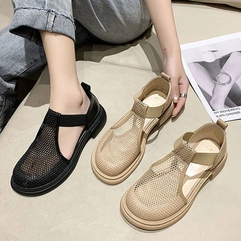 Summer New Style Outwear Sandals Women's Fashion Versatile Mesh Breathable Thick Heel Wrap Elastic Fit