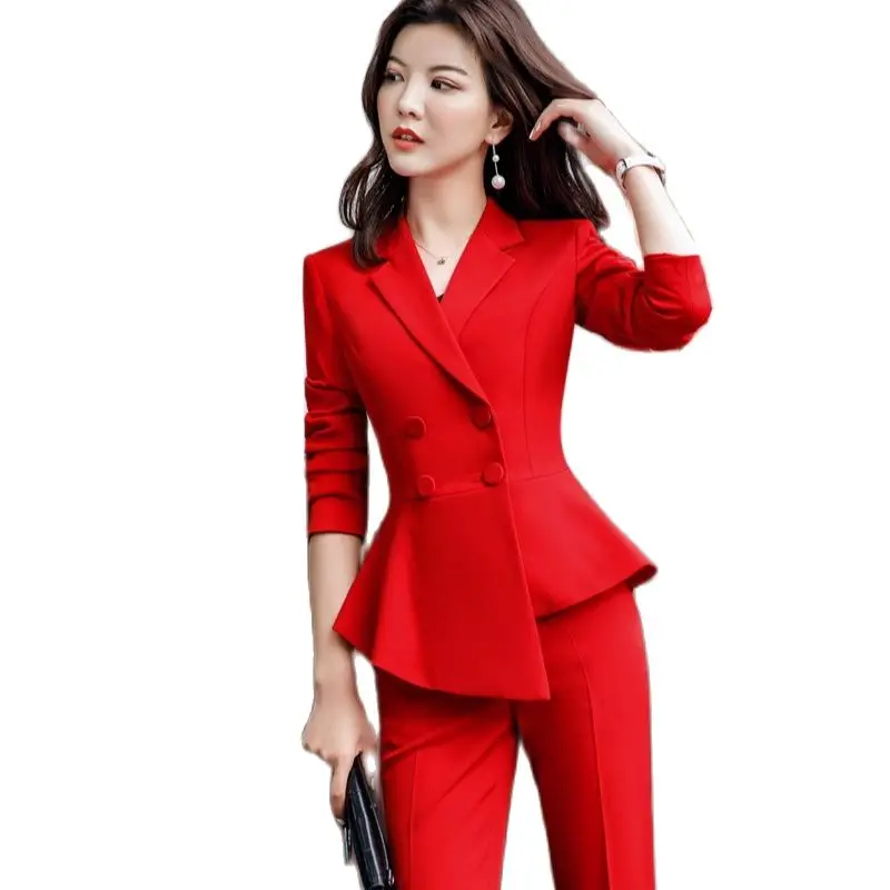 Spring Summer Fashion Red Uniform Designs Pantsuits With Jackets and Pants Ladies OL Styles Blazers Women Trousers Sets
