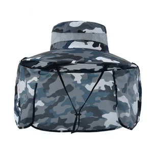 Outdoor Camouflage Bucket Hat Men's Summer Large Brim Sun Hat Snap-stitched Shawl Hat Quick-Drying Waterproof Fishing Hat Unisex