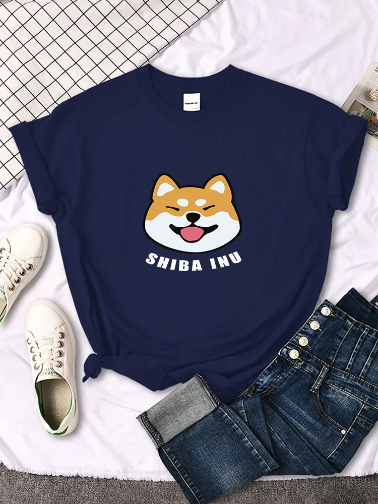 

Females T-Shirt Cute Shiba Inu With Tongue Out Print T-Shirts Woman Round Neck Loose Oversize Clothes Kawaii Animal Lady Shirts