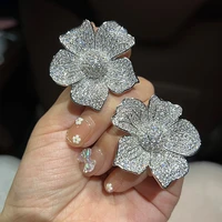 bilincolor fashion crytal clear paving setting cubic zirconia silver color big flower stud earring for women