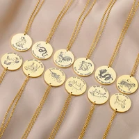 12 zodiac sign necklaces for women stainless steel choker zodiac pig snake horse round pendant necklace birthday jewelry gifts