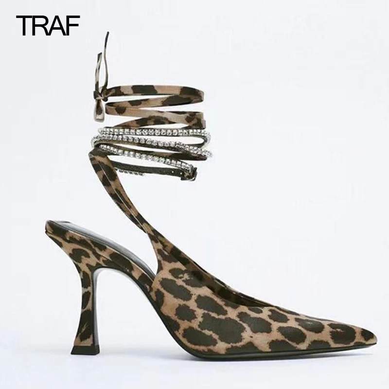 

TRAF Women Leopard Strappy High Heels Mules Woman Pumps Party Lace up Sandals Heels Spring Summer 2022 Slingback Stiletto Heeled