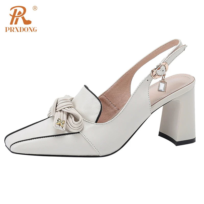 Женские туфли-лодочки из натуральной кожи PRXDONG бежевые на квадратном высоком