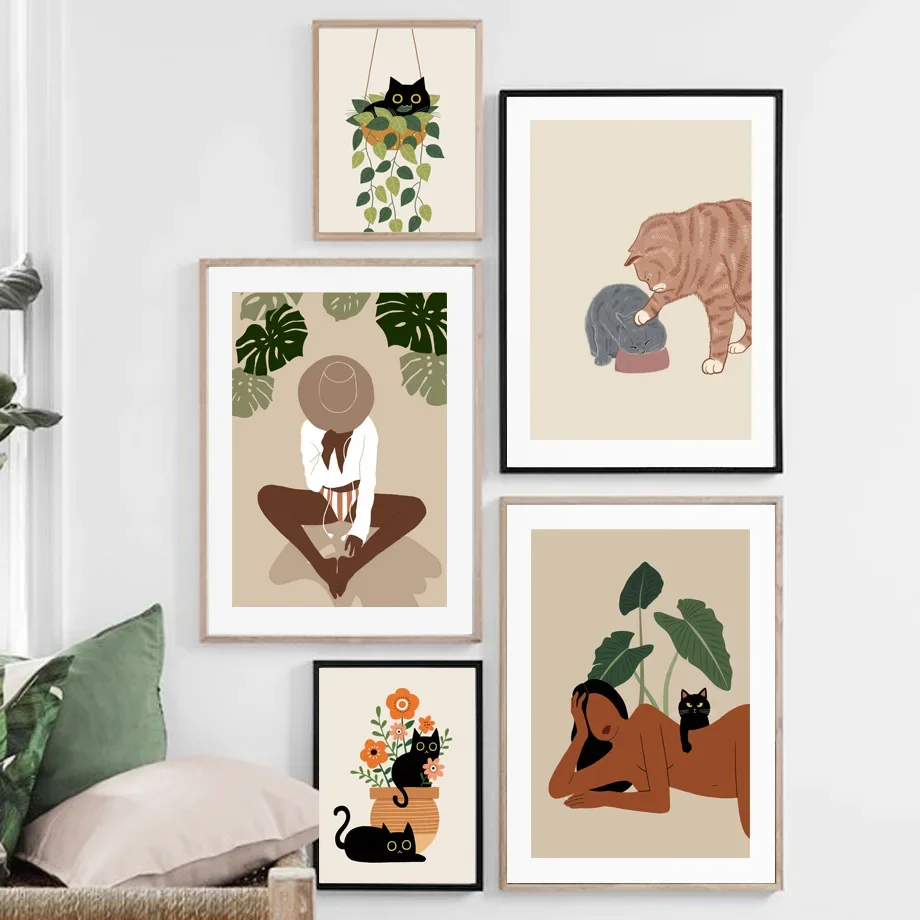 Сексуальная абстрактная черная девушка кошка листья цветок растение Бохо