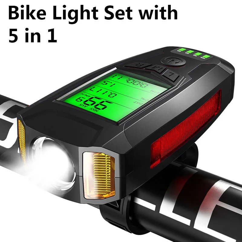 Light Bicycle Speedometer Light Bike Front Headlight MTB Computer Bicycle Flashlight IP4X 130dB Horn Alarm Bell Bike Accessories