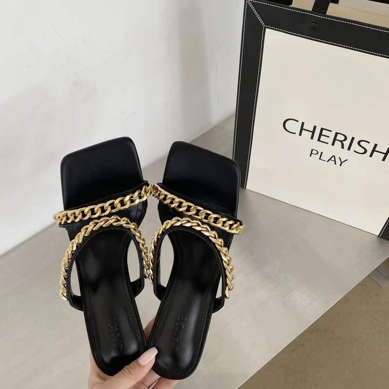 

Low Rivet Slippers Casual Shoes Woman 2022 Pantofle Luxury Summer Flat New Scandals Slides Metal Decoration Hoof Heels Fabric Ba