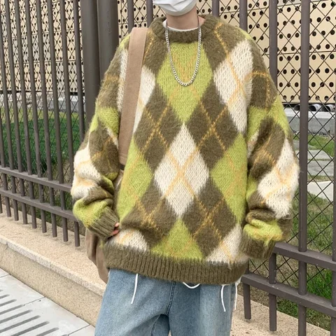 Повседневные пуловеры для мужчин, свободные клетчатые с аргайлом, простые осенние новые шикарные японские уличные верхняя одежда, винтажные модные вязаные свитера с круглым вырезом, Ins