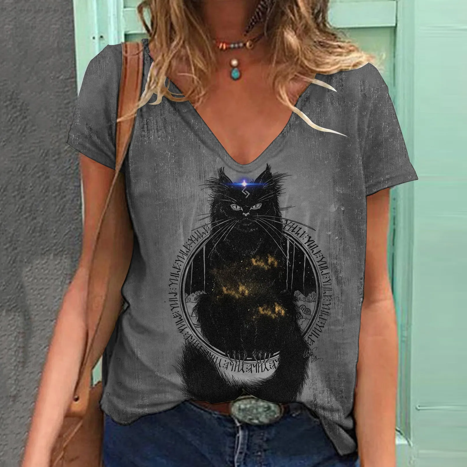 

Женская Свободная Повседневная Блузка с коротким рукавом и V-образным вырезом