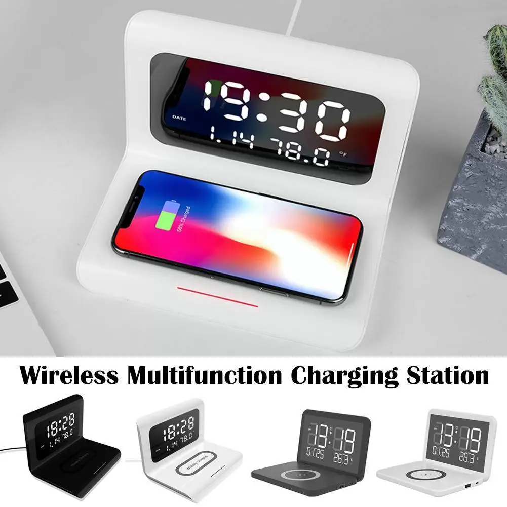 

LED Digital Alarm Clock Multifunctional Wireless Smart Desk Phone Station Charging Temperature Display Calendar Electronic M5R1