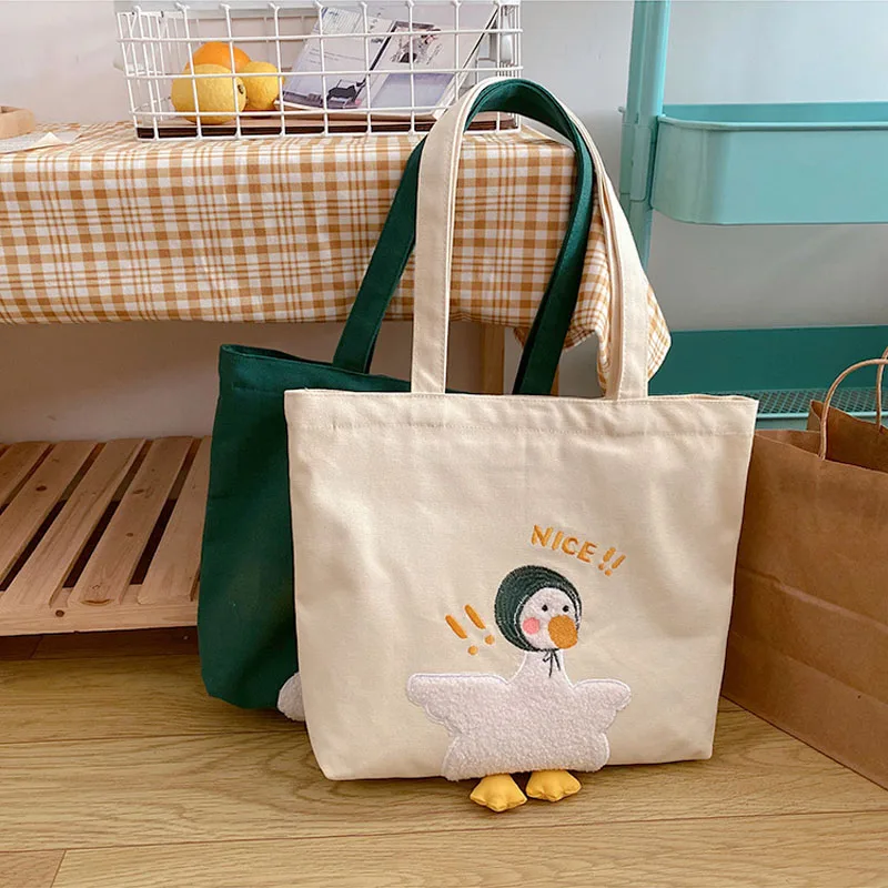 

2023 New Duck Embroidery Canvas Tote Bag New Soft Large Shoulder Work Bags Handbag for Women And Girl Shopping Bags