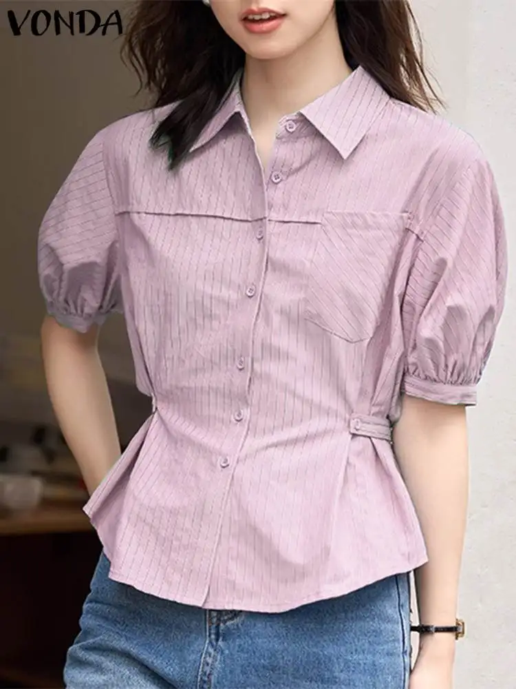 

Женская Повседневная полосатая блузка VONDA 2023, свободные топы с коротким рукавом, модные элегантные офисные рубашки с отложным воротником, женские блузы, мешковатые