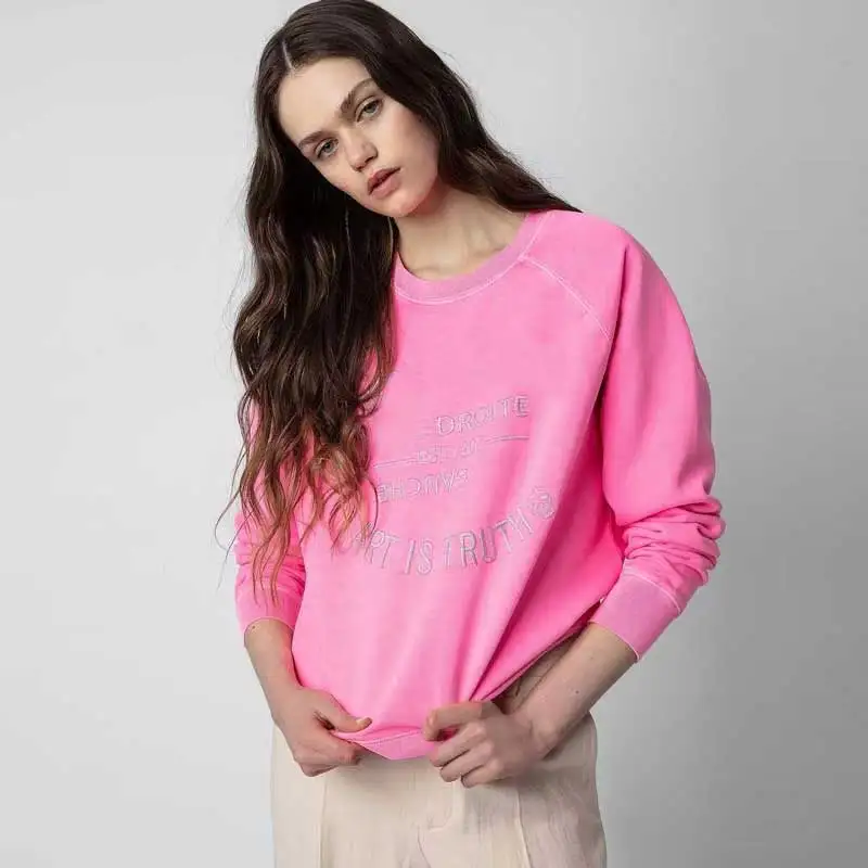 Розовый топ с вышивкой осенне-зимняя уличная одежда женские толстовки пуловеры