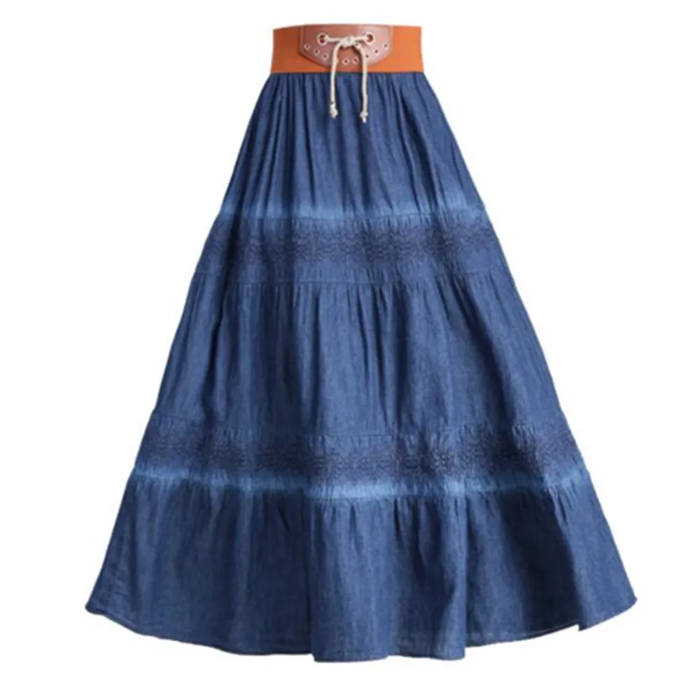 

Женская джинсовая плиссированная юбка макси, однотонная вечерняя длинная юбка с завышенной талией на шнуровке, летние плиссированные джин...