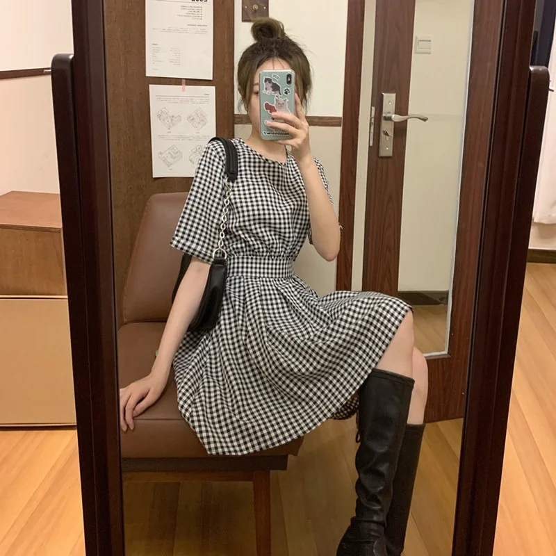 

Dress Women Black White Plaid Korean Style Lovely Girl Clothing Lace Up Retro All-match Steetwear Female Vintage Trendy Sundress