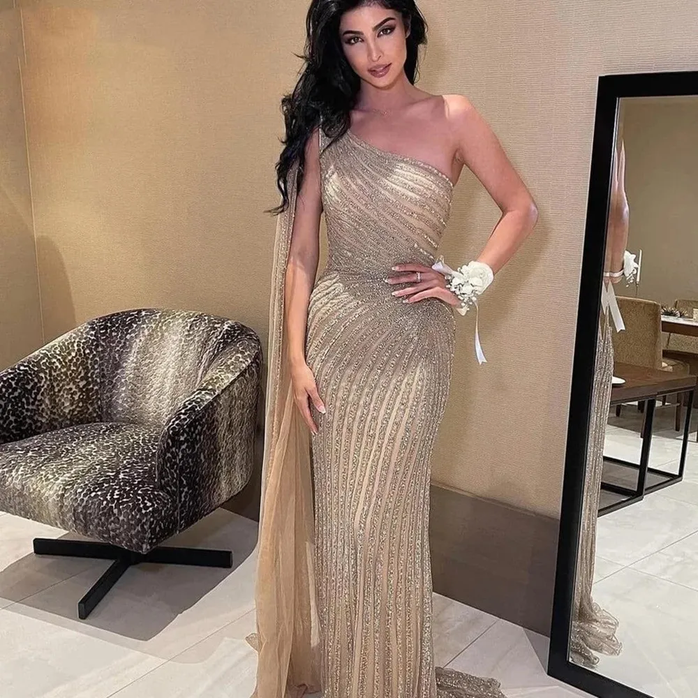 

New Arrival Sparking Dubai Evening Fashion Dress 2022 One Shoulder Full Crystal Beaded Fitted Vintage Prom Party Gowns