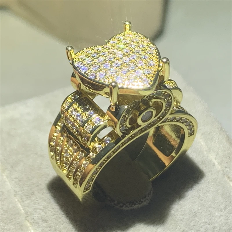 

New 14K Gold Filled Exquisite Big Heart Ring Micro Pave Cubic Diamond Ring Fully Iced Out Bling Hip Hop Punk Men Women Jewelry