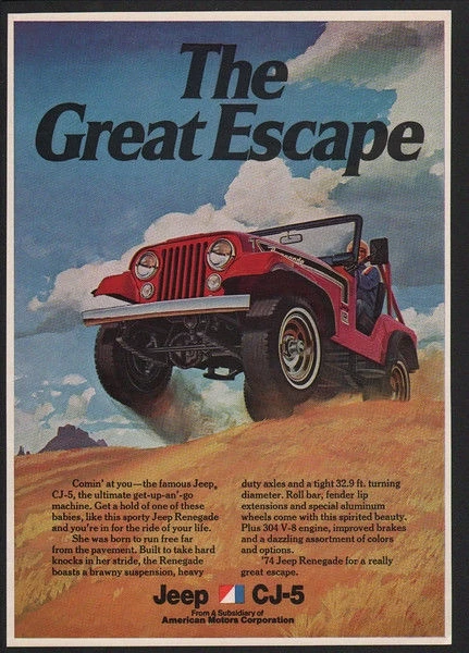 

Коллекция 1974 года, яркий внедорожник, 4x4, 4-колесный привод, Большой побег, винтажный металлический жестяной знак Ad