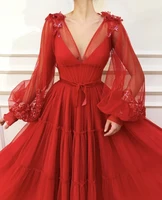 2022 designer red long prom dresses puffy sleeves v neck tulle arabic formal evening celebrity gowns robe de soiree tea party