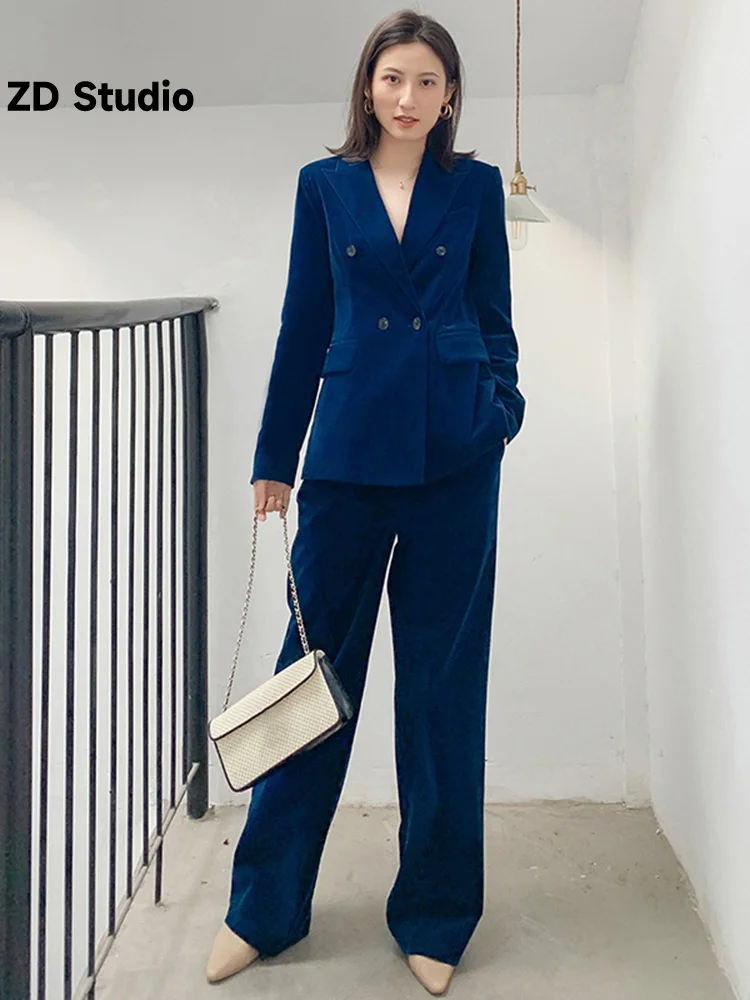 

[ZD Studio] Wide Leg Pants Velvet Two Piece Suit New Lapel Long Sleeve Blue Loose Fit Women Tide Spring Autumn 2023