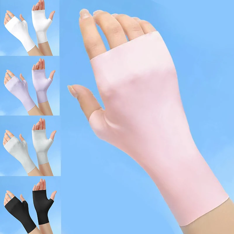 

1pair Thin Sunscreen Fingerless Gloves For Summer Driving Stretchy Half Finger Mittens UV Protection Breathable Gloves Cycling