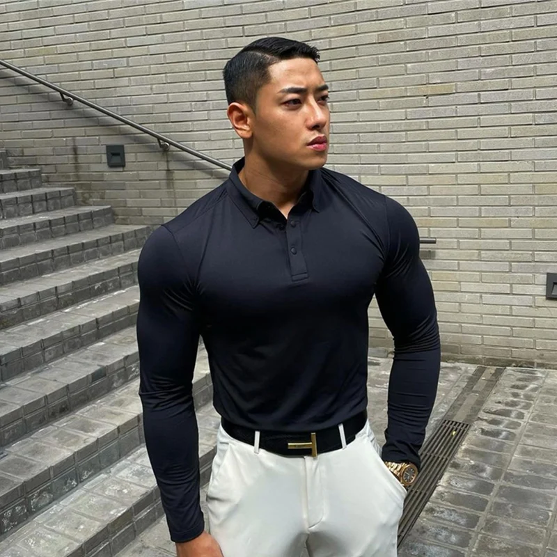 

Рубашка-поло мужская с длинным рукавом, на молнии, с отложным воротником