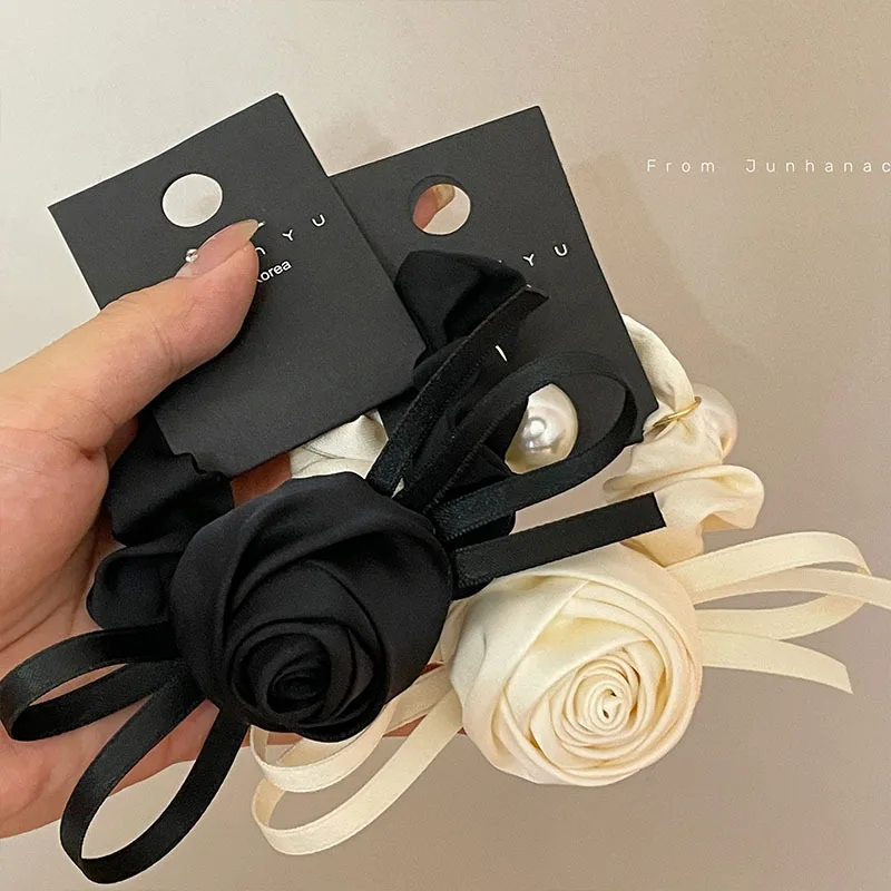 

Black Rose Large Intestine Hair Ring 3D Flower Tie Hair Rope New Chinese Qipao Pan Hair Ornament Women's Advanced Style