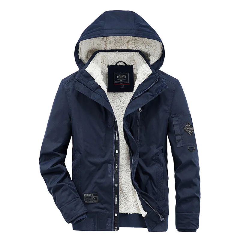 Youth Leisure Plus Velvet Thick Hooded Jacket Mens Fashion Bubble Fleece Lining Tooling Jacket Winter Warm Cotton-padded Jacket