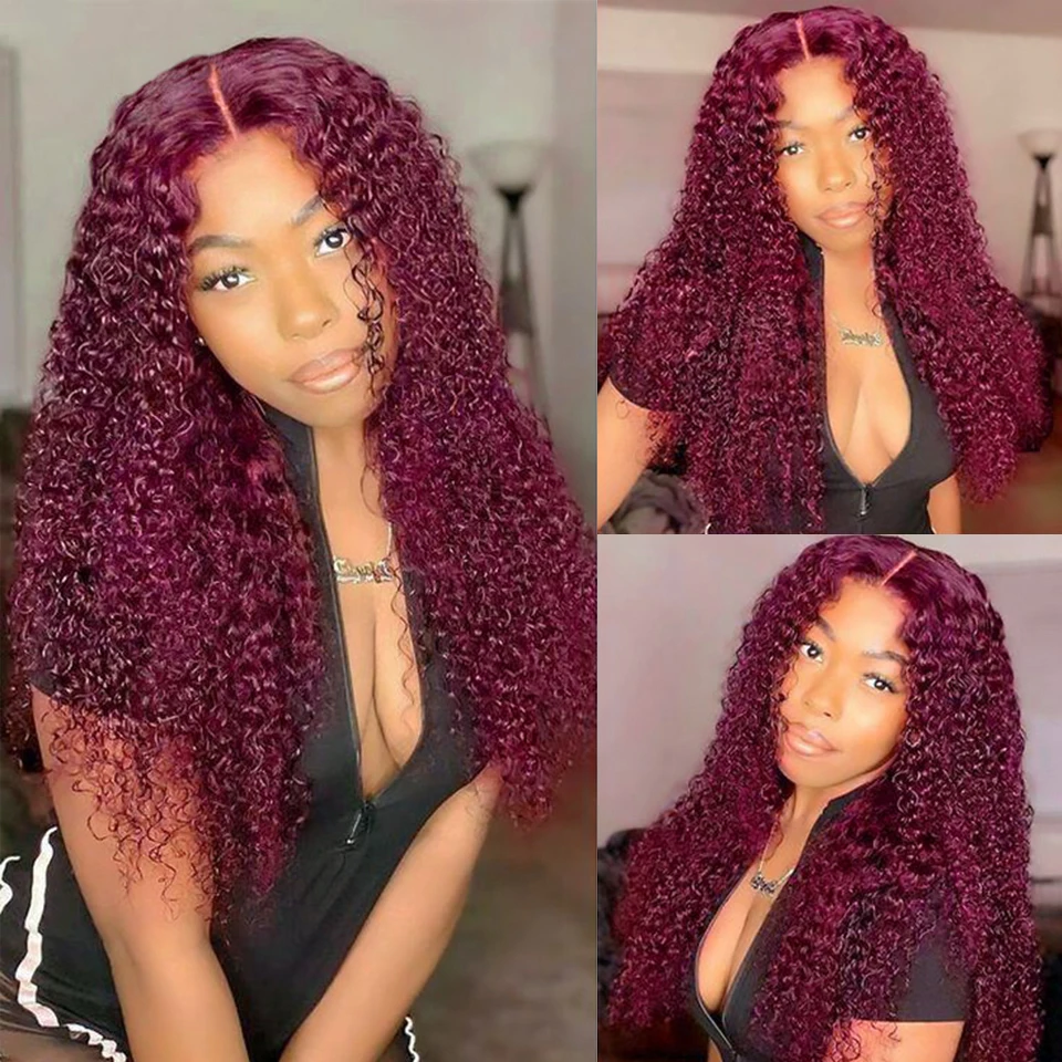 Парик с кудрявыми кружевами 99J цвет бордовый 4x4 искусственные волосы