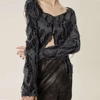 new chic women ripped cardigan fashion solid color long sleeve front split hem slim fit tops for summer autumn