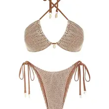 ZAFUL Women's Swimsuit Swimwear Matching Multiway Contrast Fishnet Halter Bandeau Tie Side Tanga Two Piece Bikini Set Bathing