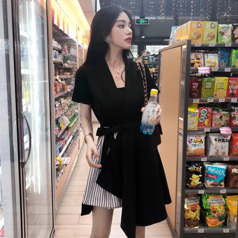 

Fake Two Piece Retro Summer Dress Women Cottagecore High Waist Slim Black Dress New Patchwork Solid Colors Cool Girl Streetwears