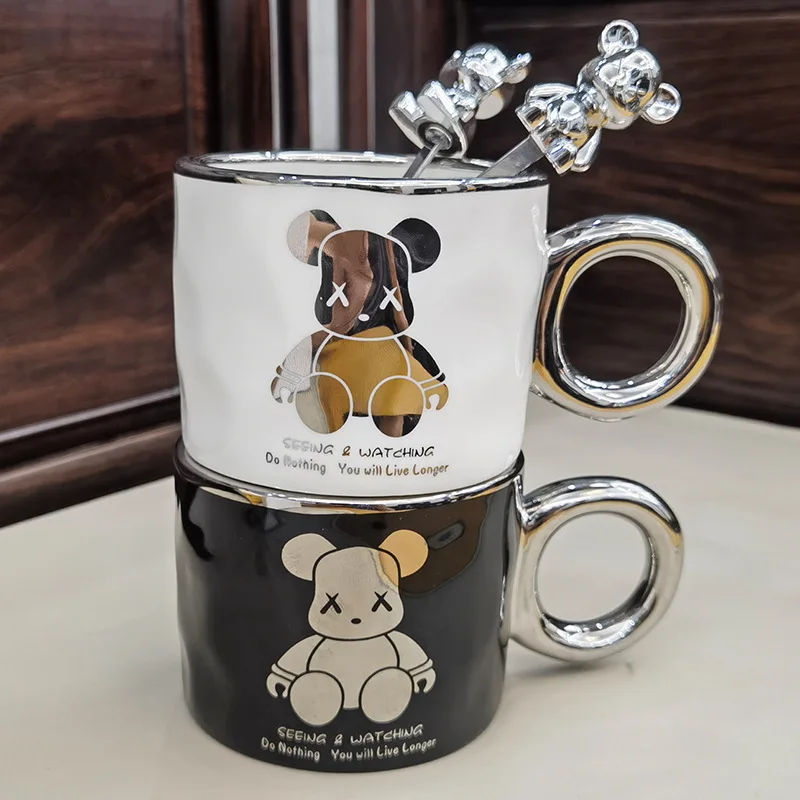 

Creative cartoon coffee ceramic cup with lid spoon large capacity household luxury couple Mug for men and women
