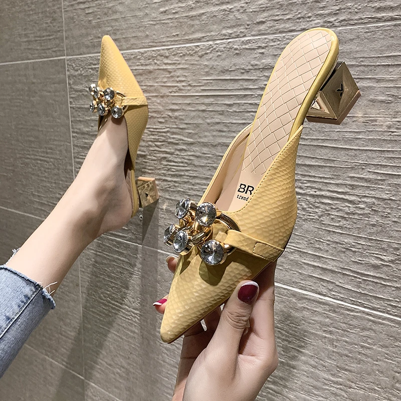 

Сексуальные женские тапочки на высоком каблуке, женские блестящие туфли с металлическим острым носком и кристаллами, женская модная обувь