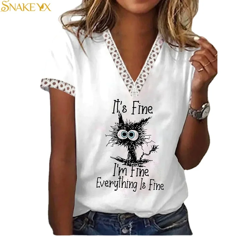 

SNAKE YX Summer Women's Animal Letter Print Lace Short Sleeve V-Neck T-Shirt