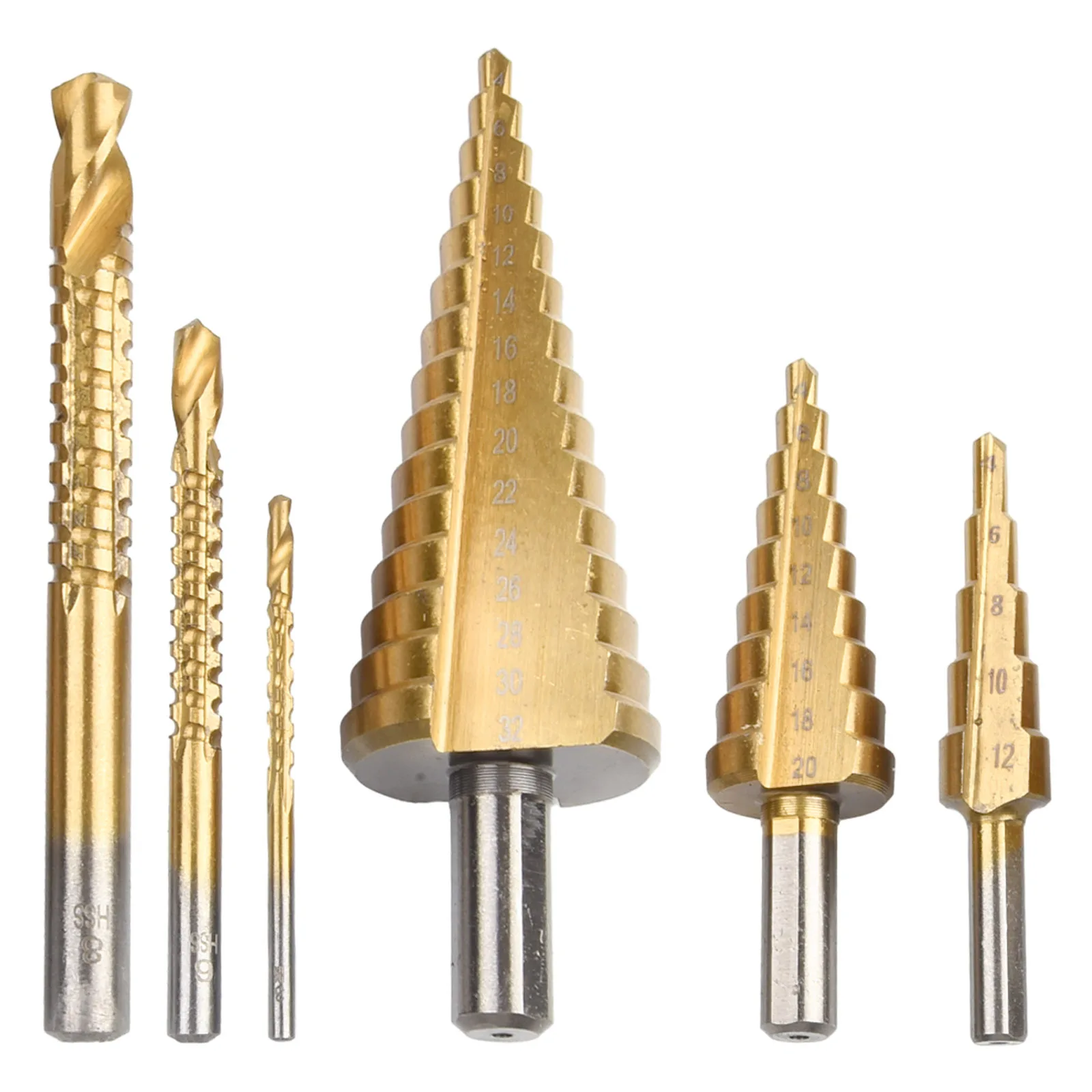 

6pcs HSS Straight Step Drill Bit Groove Conical Drill Bit 4-12/4-20/4-32mm Cone Drilling For Wood Metal Plastic Hole Open Cutter
