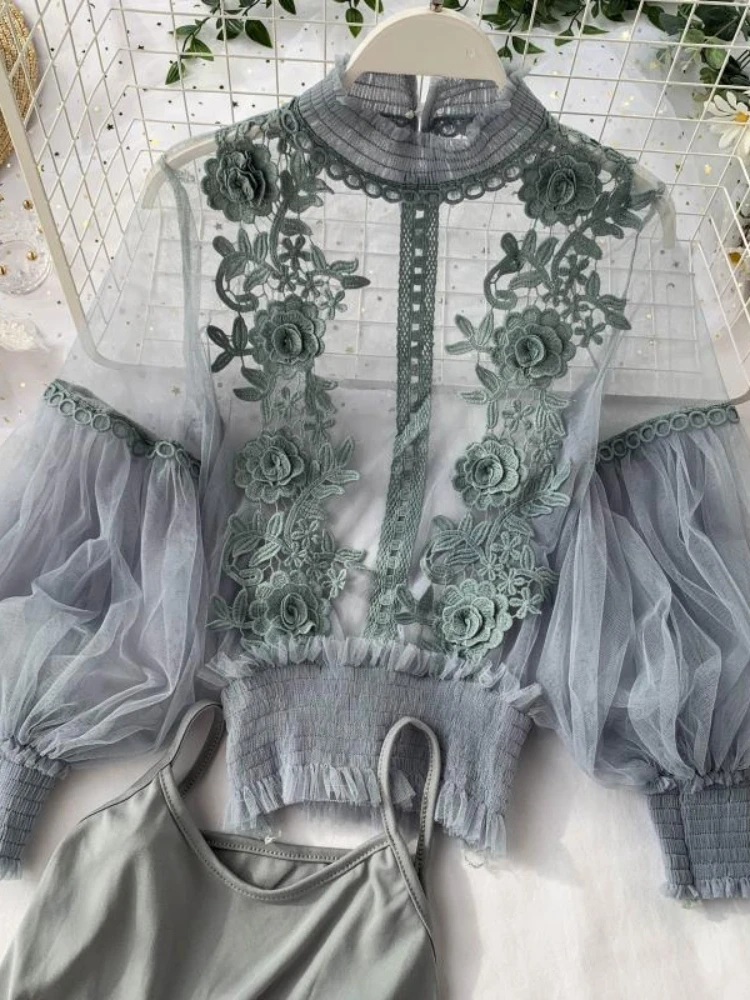 Blusa de malla con manga farol para mujer, camisa Sexy de encaje transparente, con estampado Floral 3D, elegante, para otoño, 2021