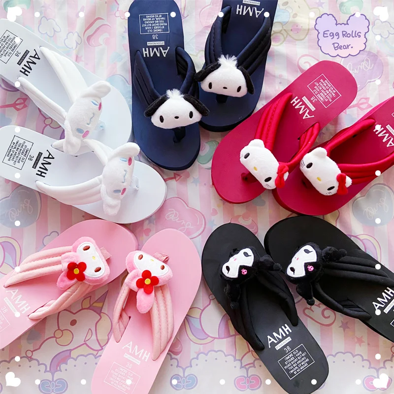 

My Melody Kuromi Cinnamoroll Sanrioed Plush Dolls Thick Sole Slippers Kawaii Summer Height Increasing Flip Flops Beach Sandals