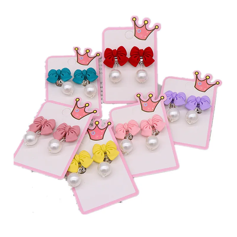 

New Children's Earclip No Earhole False Earrings Lovely Resin Bow For Girl's Fashion Jewelry Pearl Hanging Beaded Party Gift