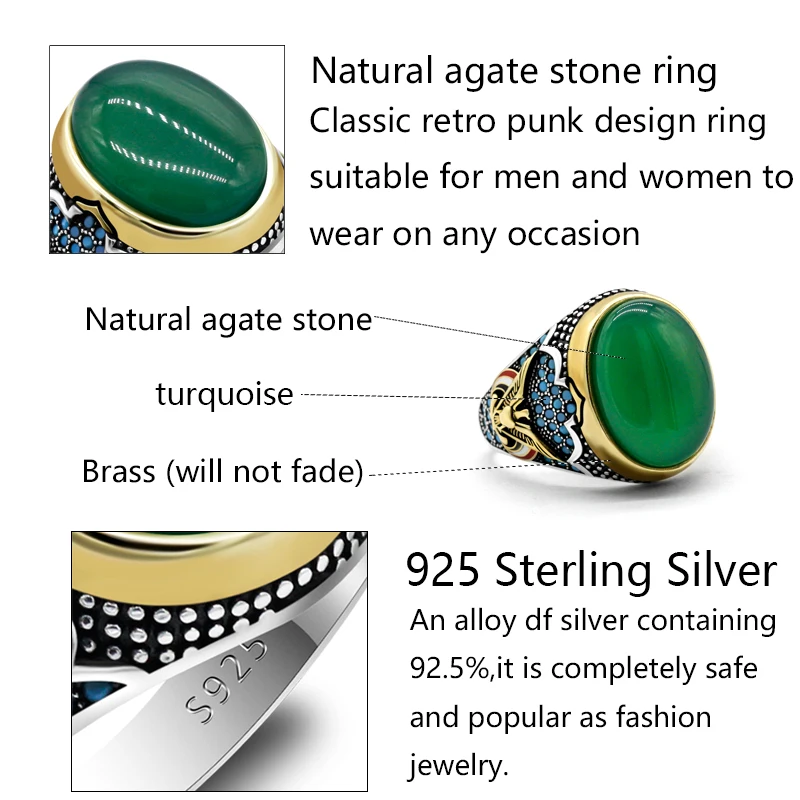 Кольцо мужское из зеленого агата с крупным натуральным камнем в стиле ретро панк из серебра 925 пробы. Мужчины No. 7-13.
