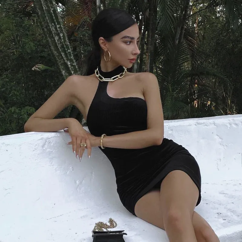 

Women's Sexy Summer Dress Solid Color Hanging-Neck Off Shoulder Sleeveless Tight Skirt with Metal Chain Decoration For Ladies