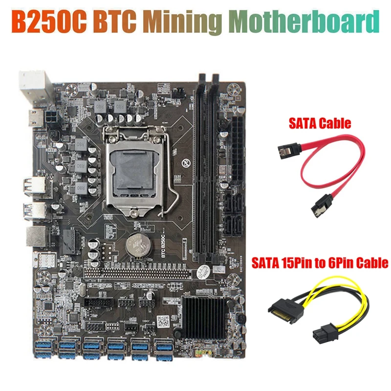 

B250C Mining Motherboard+SATA 15Pin to 6Pin Cable+SATA Cable 12 PCIE to USB3.0 GPU Slot LGA1151 Support DDR4 for Miner
