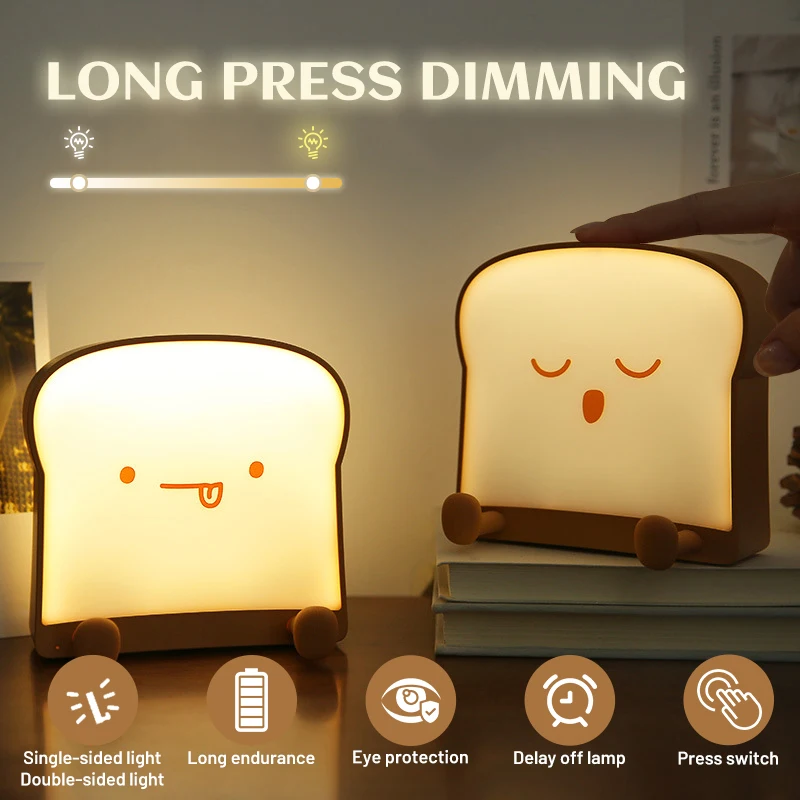 

Toast Bread LED Night Lamp Cute Toast Bread Led Lamp Usb Creative Cartoon Bedside Silicone Nightlight With Back Warm Lights