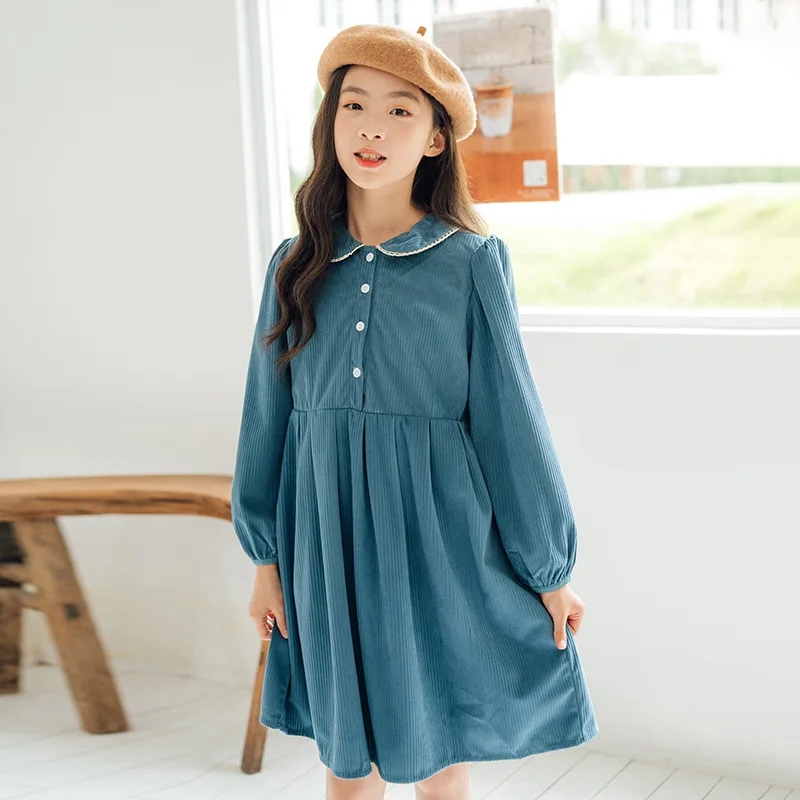 

2022 Autumn Winter Girls Corduroy Frock For Girl Back To School Cute Peter Pan Collar Child Dress Long Sleeve Princess Dress